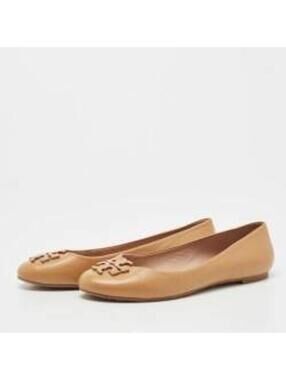 Tory Burch Lowell 2 Ballet Flats Tan Leather Logo Toe Womens 7.5